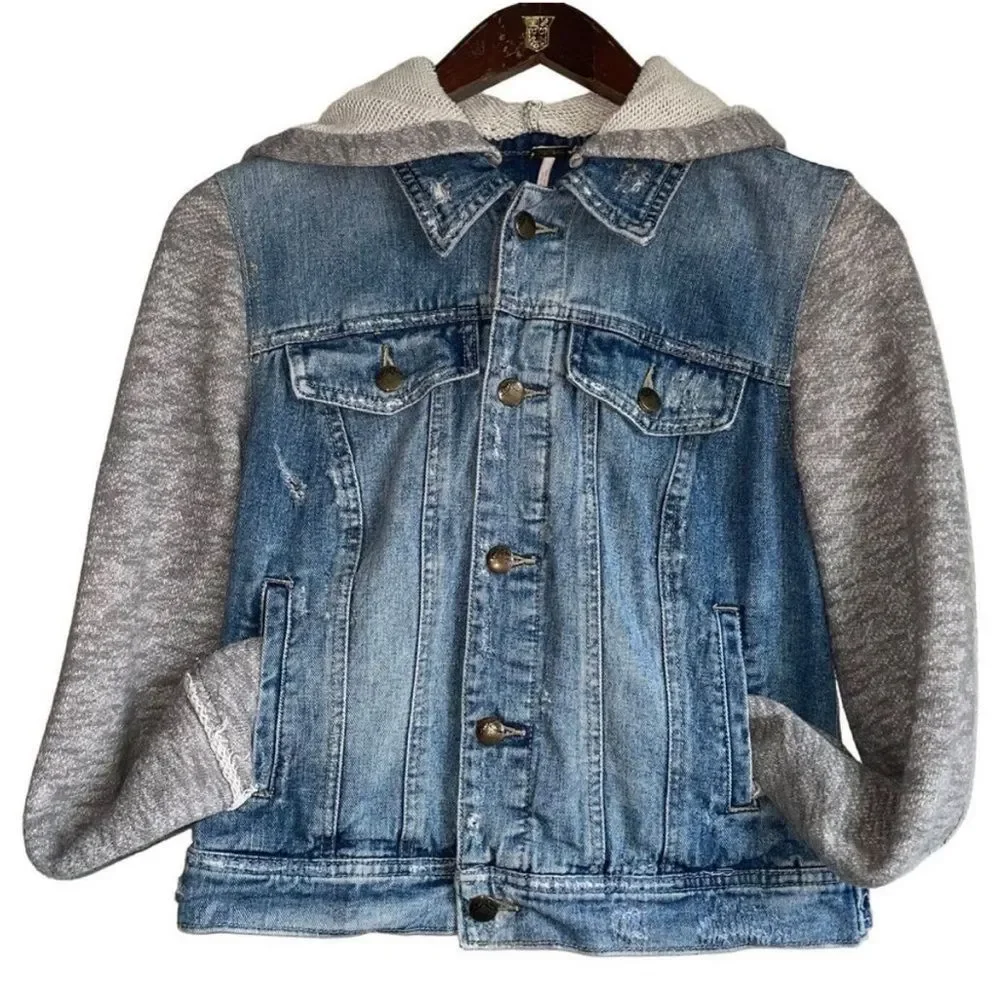 Free People Blue Denim Jacket with Gray Knit Sleeves - Picture 3 of 14